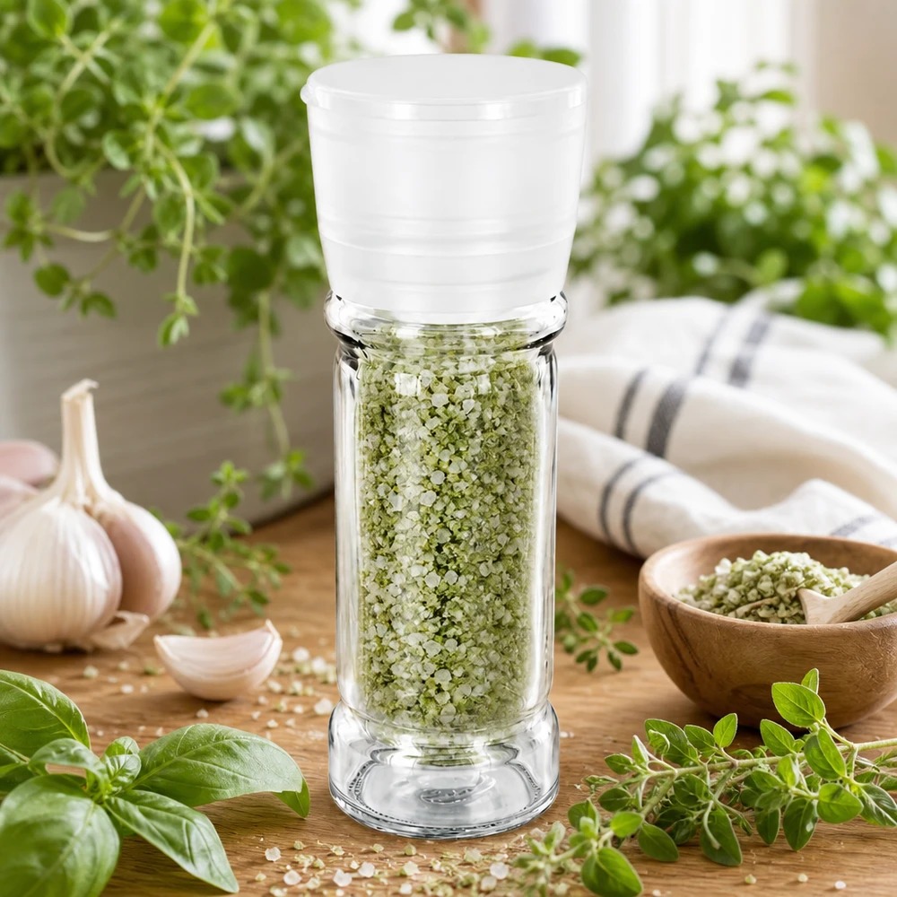 Frasco de sal com ervas de 100 ml com moinho branco, cheio de sal verde com ervas entre ervas frescas