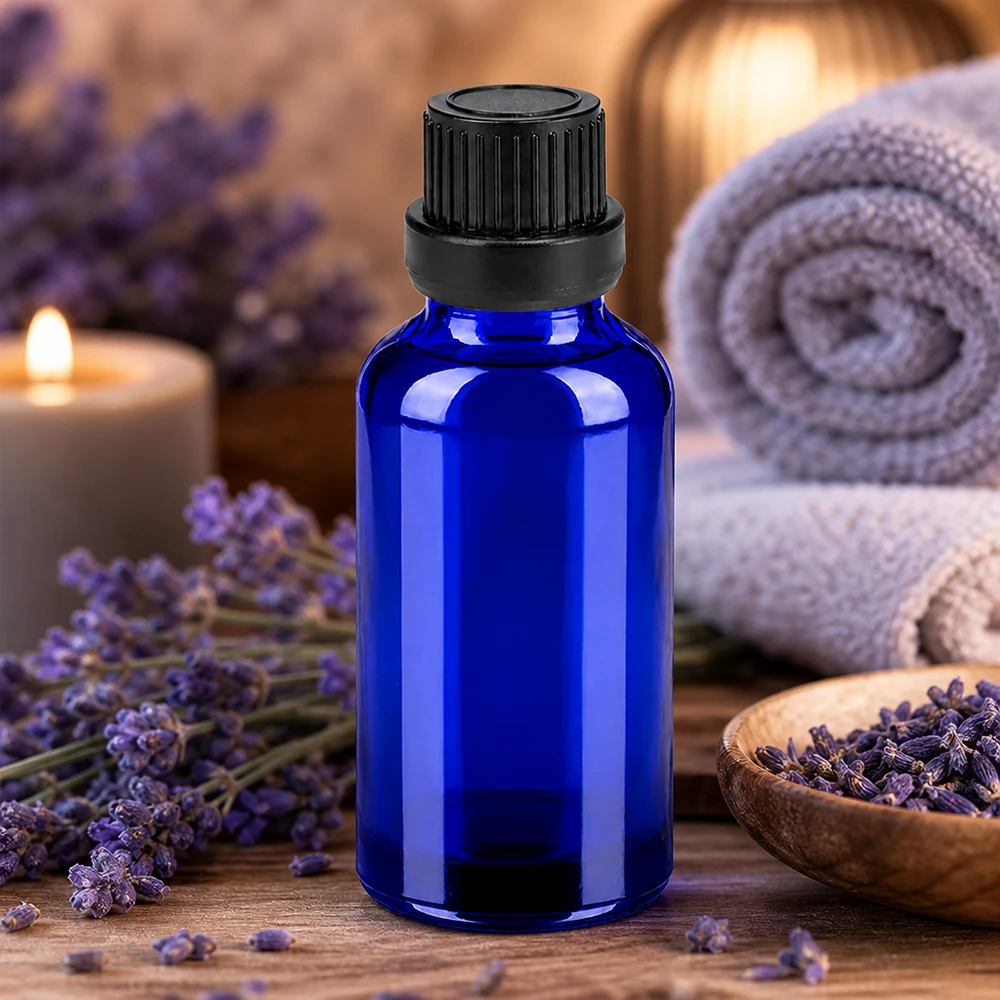 Frasco de 30ml 11mm tampa de rosca preta inviolável BlueLine UT18/30 Frasco de vidro azul de 30 ml com tampa conta-gotas para óleo de lavanda e óleos essenciais