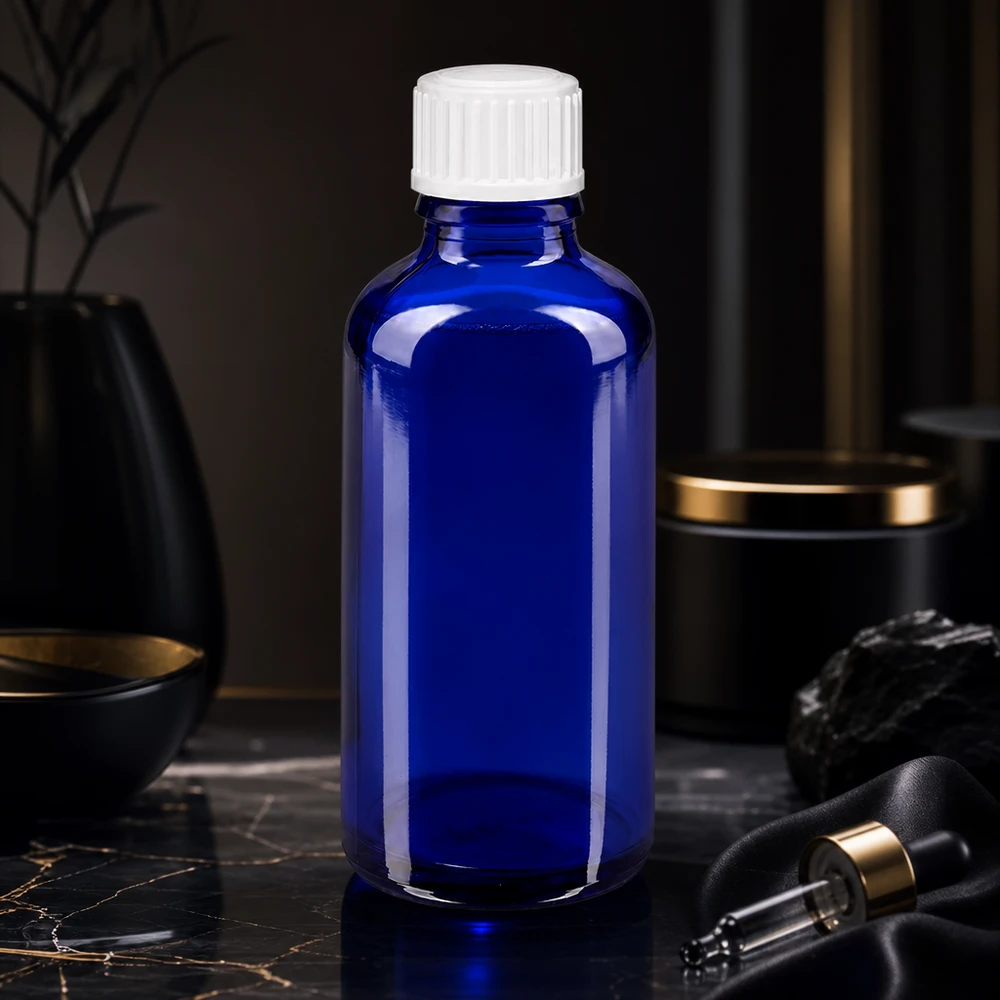 Frasco de farmácia azul cobalto de 50 ml, em vidro de alta qualidade, com tampa conta-gotas branca e abertura de 3 mm