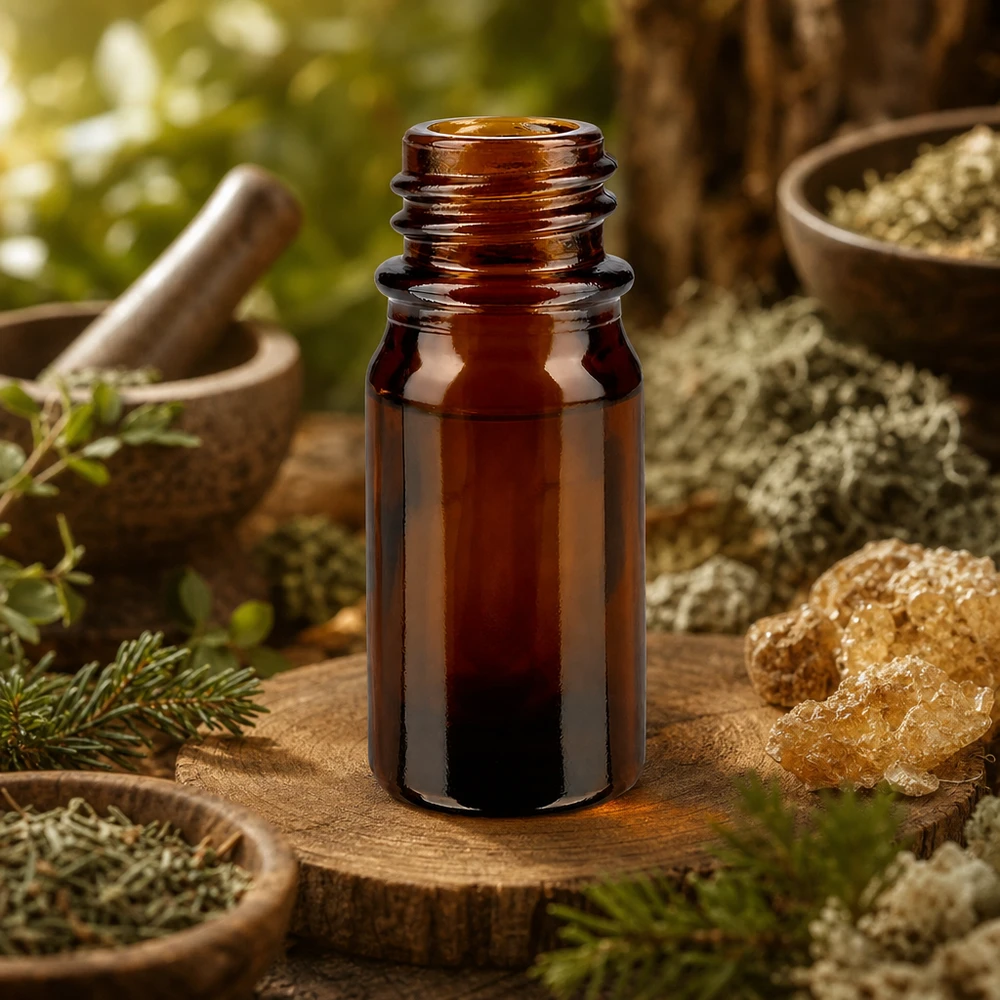 Frasco de farmácia castanho de 5 ml ApoGlas sobre tronco de árvore com cristais naturais, ervas e argamassa em ambiente florestal