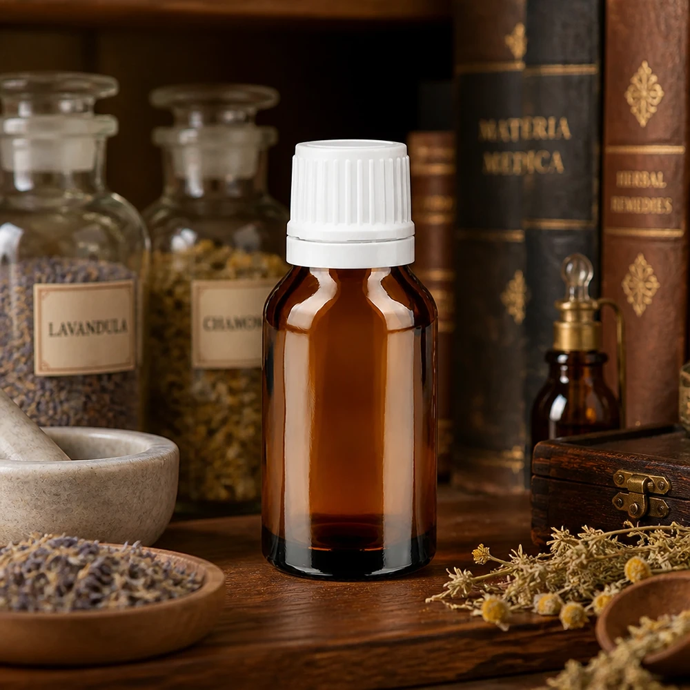 Frasco de farmácia castanho 15ml tampa conta-gotas 1.2mm branco inviolável Frasco conta-gotas de 15 ml, de cor âmbar, com tampa de rosca branca, à venda na Materia Medica
