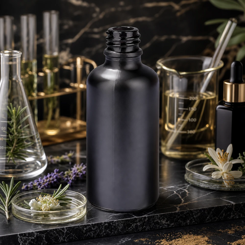 Frasco doseador de 50 ml BlackLine UT18/50 UNiTWIST Frasco de boticário elegante de 50 ml BlackLine UT18/50 UNiTWIST com superfície mate para aromaterapia