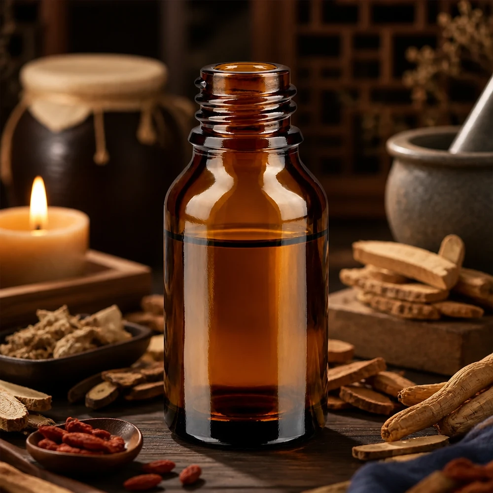 Frasco conta-gotas 15 ml DIN 18 de vidro âmbar Frasco de boticário castanho ApoGlas de 15 ml com especiarias de raízes de ginseng e vela em ambiente de cura tradicional
