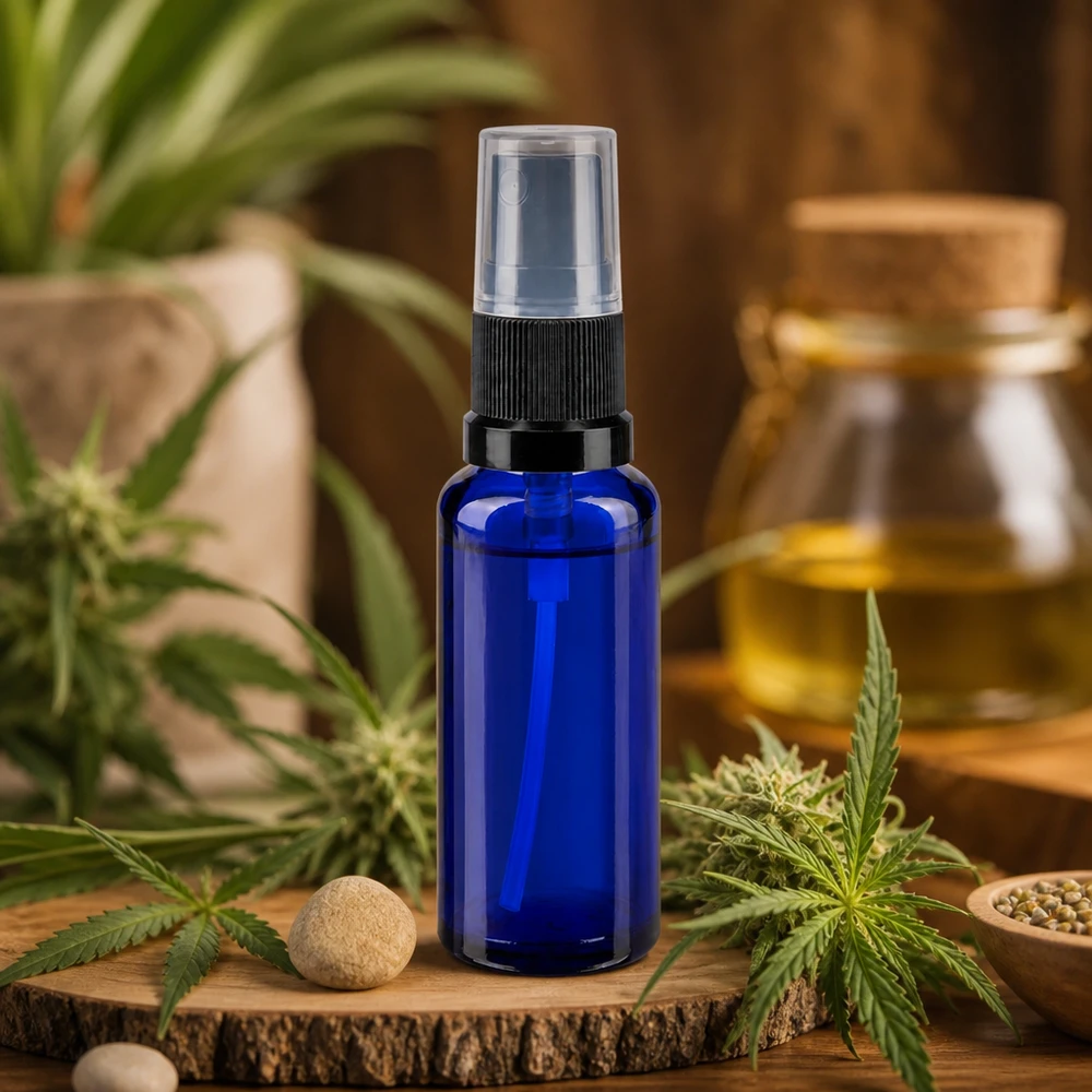 Frasco pulverizador de vidro azul de 30 ml com bomba pulverizadora preta, entre plantas de canábis e sementes de canábis