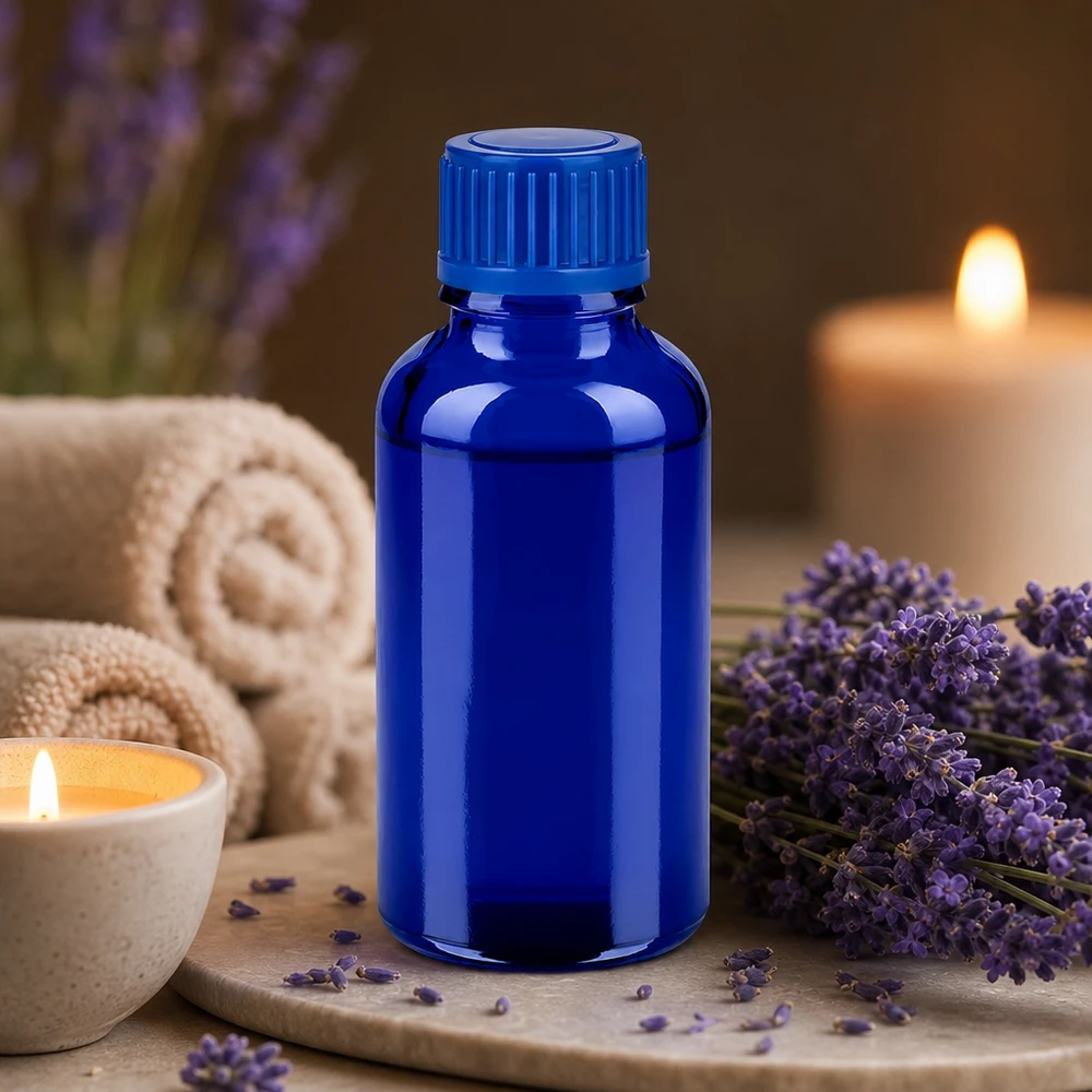 Frasco boticário de 30 ml em azul cobalto, em vidro de proteção UV para aromaterapia