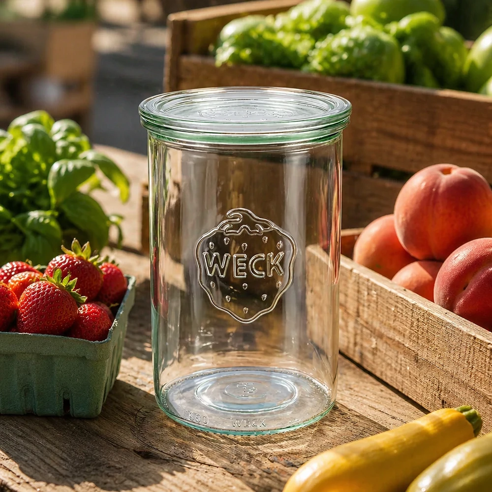 Copos WECK de 1000 ml RR100 vazios ao ar livre numa mesa de madeira, rodeados de frutas e legumes frescos em caixas de madeira