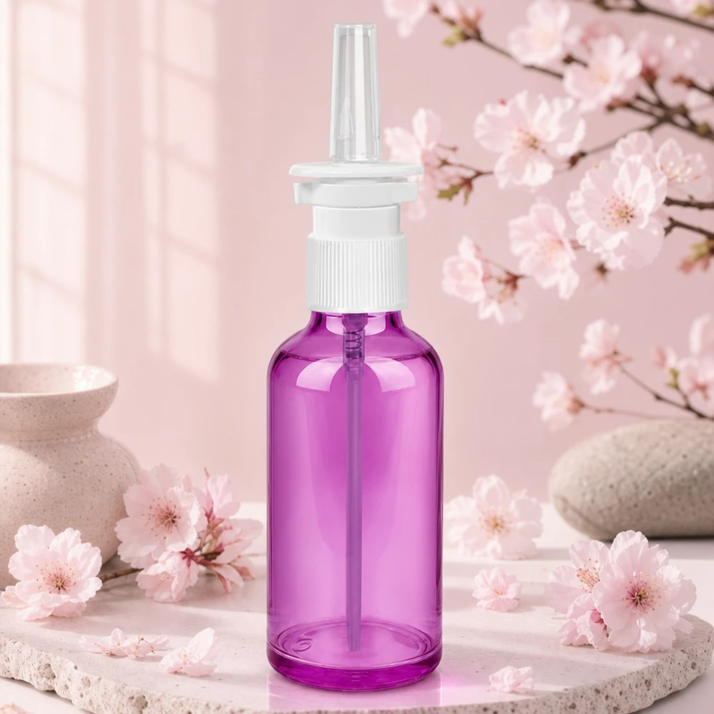 Frasco de spray nasal de 50 ml branco/transparente padrão PurpleLine. UT18/50 Frasco de spray nasal de 50 ml de alta qualidade com cabeça de spray branca numa atraente cor púrpura