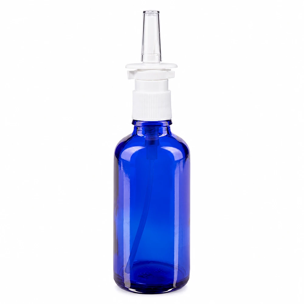 Frasco de farmácia azul 50ml spray nasal branco padrão Frasco de vidro azul de 50 ml com bico pulverizador branco e ponta transparente para farmácias