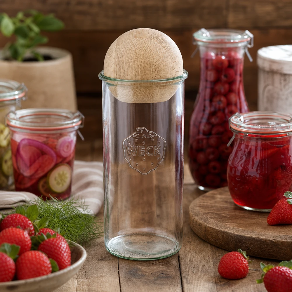 Copos de vidro de 1500ml WECK RR100 com bola de madeira faia Copos WECK 1500ml RR100 dispostos de forma decorativa com frascos de compota e morangos frescos numa mesa de madeira