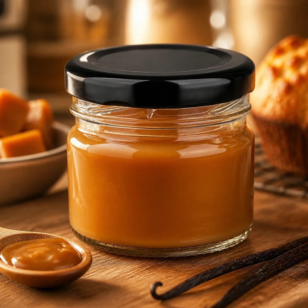 Creme de caramelo num frasco redondo de vidro de 33 ml com tampa preta BasicSeal, ao lado de vagens de baunilha sobre uma base de madeira