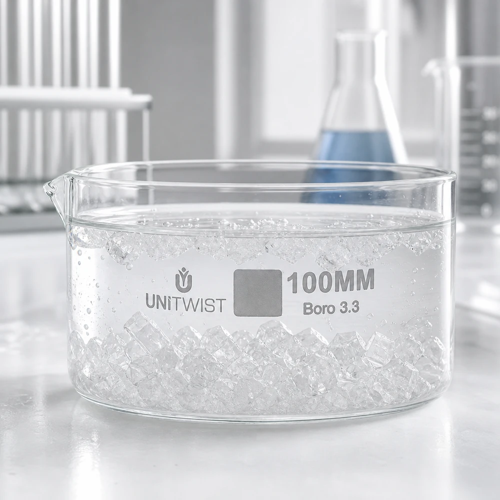 Taça de cristalização UNiTWIST de 100 mm, cheia de cubos de gelo, de laboratório, em vidro borossilicato transparente