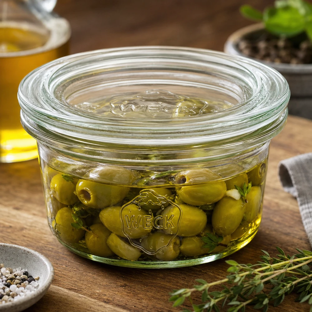 Copos de vidro de 50ml com tampa WECK RR60 Copos WECK de 50 ml cheios de azeitonas em conserva em óleo de ervas aromáticas junto a especiarias numa base de madeira