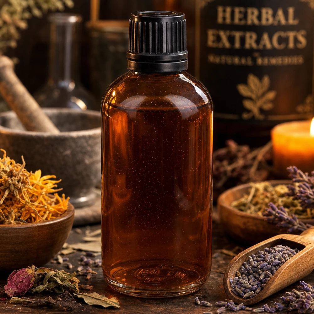 Frasco de 100ml (globule) 8mm anel de vazamento preto fecho padrão ClearLine UT18/1 Frasco de vidro âmbar de 100 ml com extratos de ervas, envolto em ervas medicinais secas e lavanda