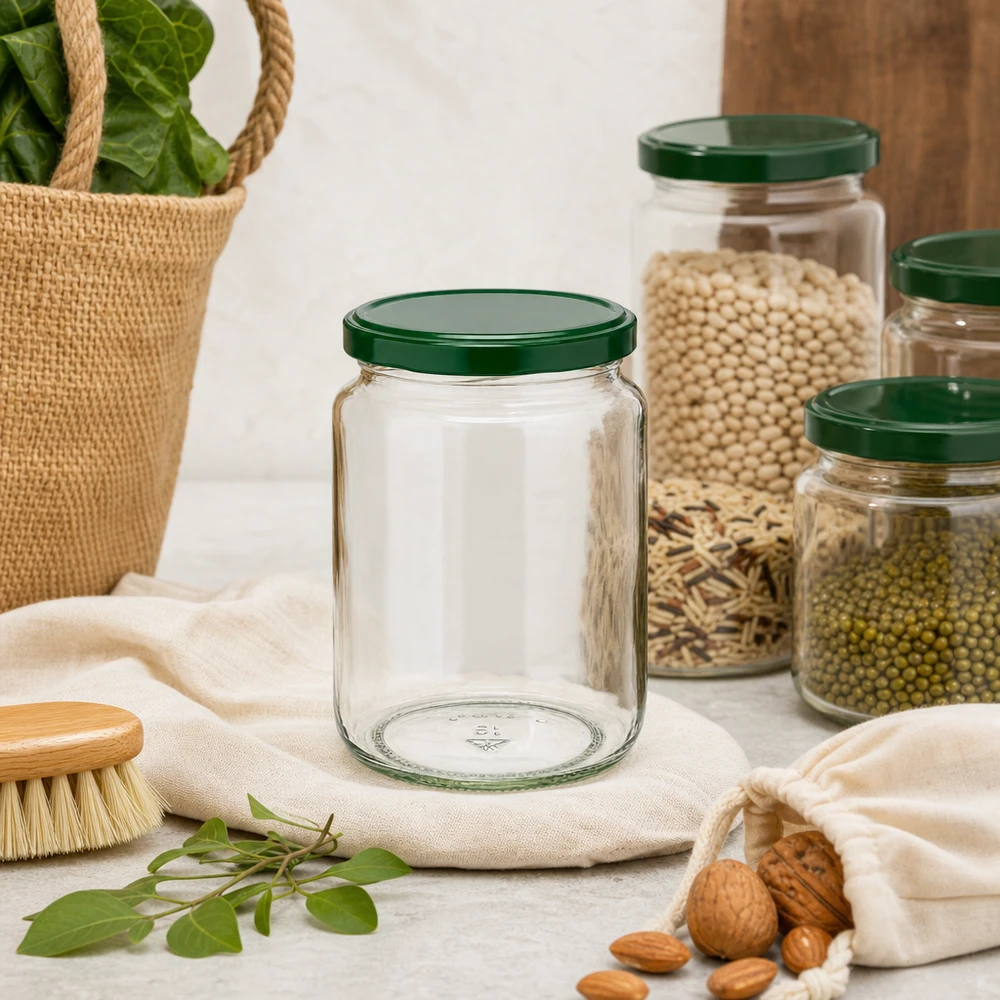 Frasco redondo de 795 ml + tampa BasicSeal verde UNiTWIST 795ml Rundglas UNiTWIST mit grünem Deckel in nachhaltiger Zero-Waste-Küche neben Nüssen und Hülsenfrüchten