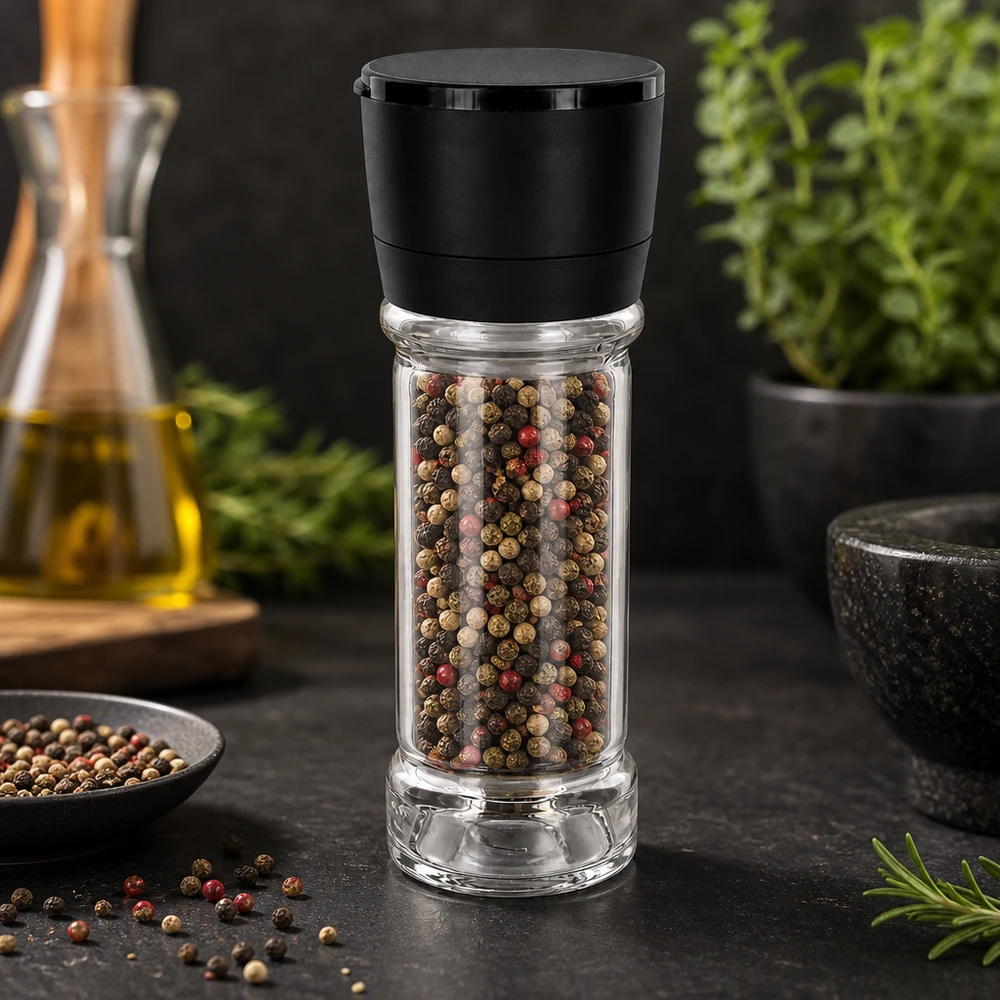Frasco para especiarias de 100 ml com moinho preto, cheio de grãos de pimenta coloridos sobre uma superfície escura