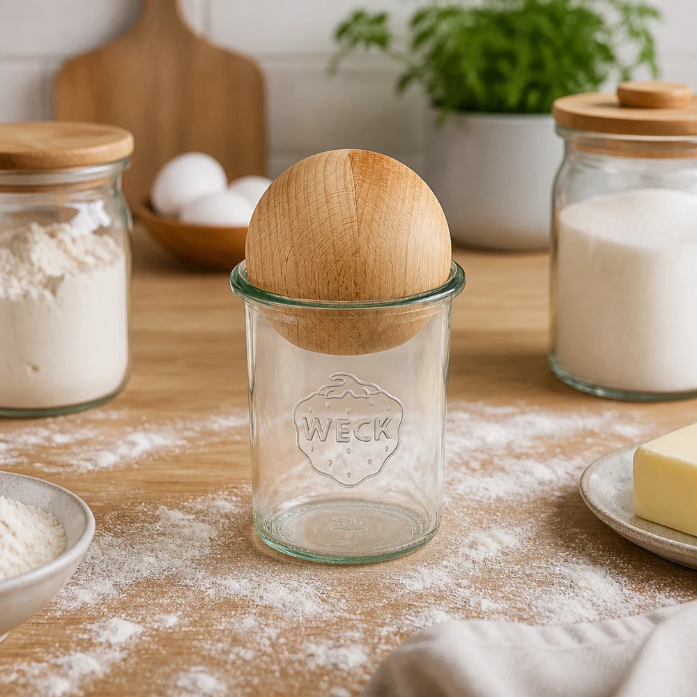 Copos WECK RR60 de 160 ml com rolha de faia dispostos entre frascos de farinha e ingredientes de pastelaria na cozinha de pastelaria