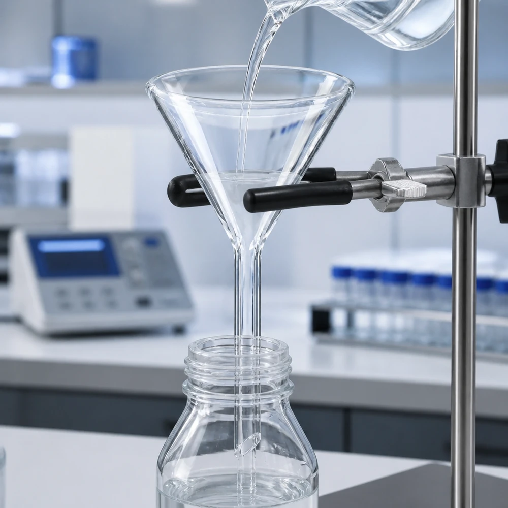 Funil ø50mm cal sodada, ângulo 60°, estilo curto Funil de vidro de ângulo de 60 graus 50mm feito de cal sodada para uma transferência óptima de líquidos no laboratório