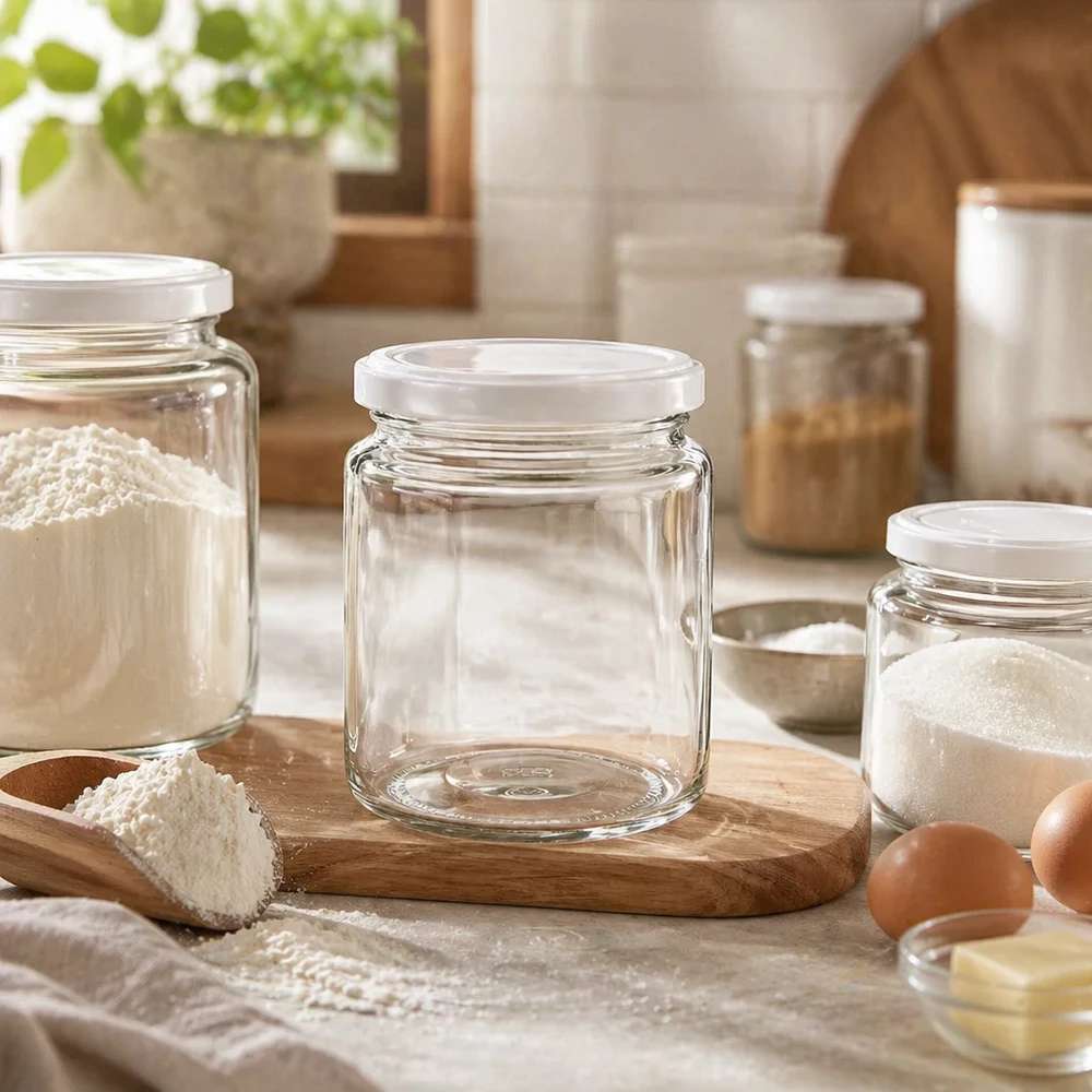Frasco de mel vazio de 250 ml com tampa BasicSeal branca sobre uma tábua de madeira numa cozinha rústica entre frascos de arrumação