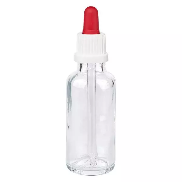 Frasco de farmácia transparente pipeta 30ml branco/vermelho fecho inviolável