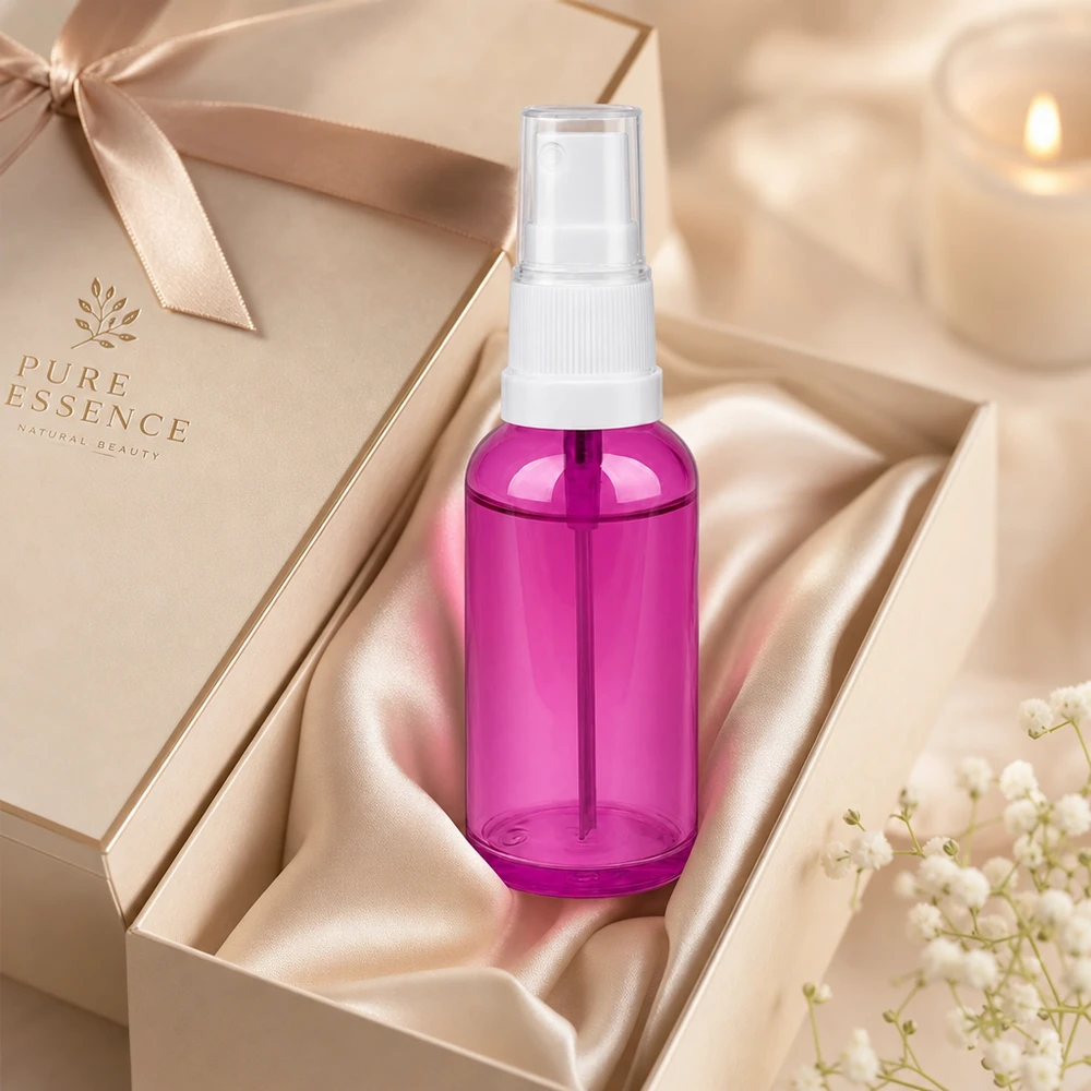 Frasco de spray de 50 ml branco/transparente Standard PurpleLine UT18/50 Elegante frasco pulverizador PurpleLine de 50 ml em roxo transparente para produtos de beleza de alta qualidade