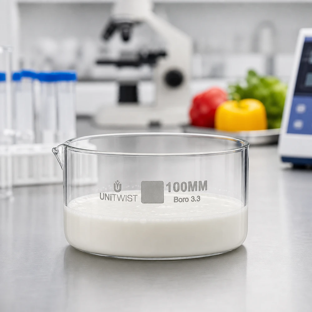 Prato de cristalização ø100mm em vidro borossilicato UNiTWIST Baceta de cristalização de 100 mm UNiTWIST, cheia de uma substância branca, para laboratório alimentar, em vidro borossilicato