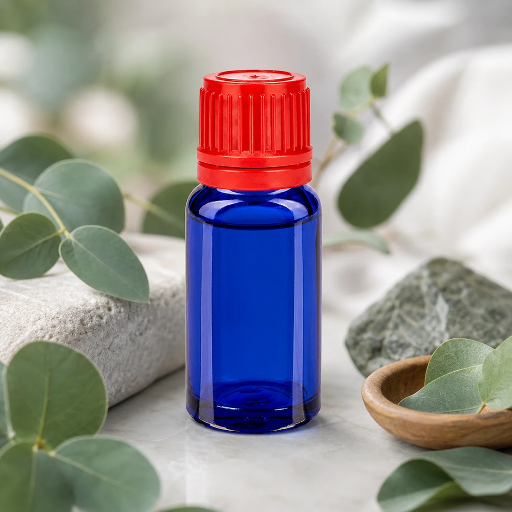 Frasco de vidro de 10 ml de alta qualidade em azul brilhante com tampa de rosca vermelha para armazenamento seguro