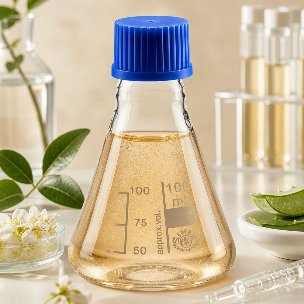 Frasco Erlenmeyer de 100 ml com tampa de rosca azul para armazenamento seguro de líquidos