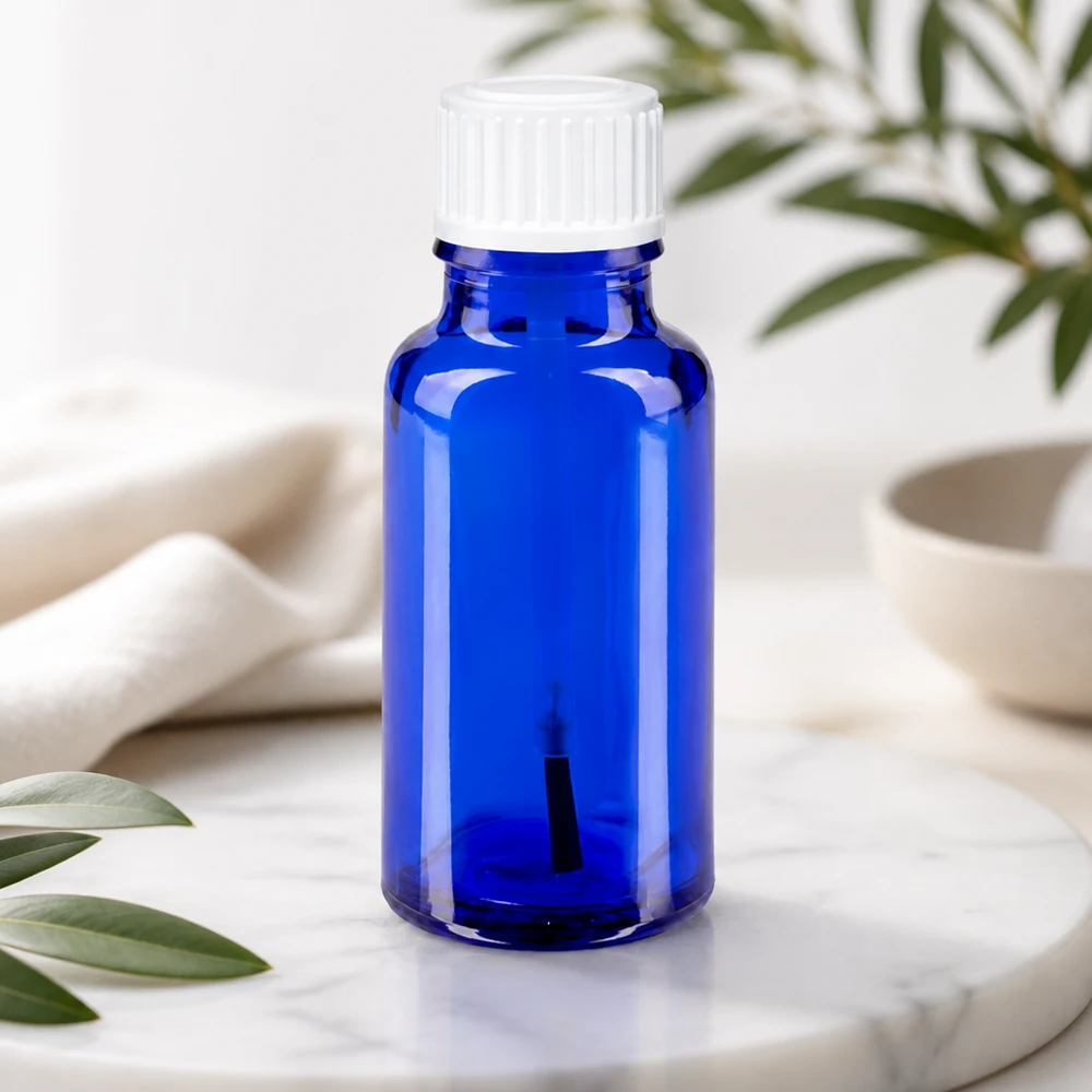 Frasco azul de 20 ml com pincel, em vidro de farmácia, com tampa de segurança para crianças branca