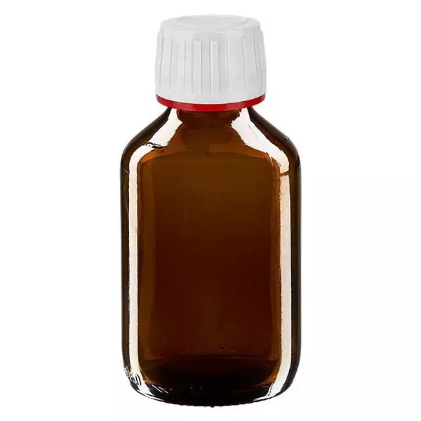 Frasco de medicamento de 150ml castanho, tampa branca com anel inviolável vermelho ApoGlas Frasco de medicamento de 150ml castanho, tampa branca com anel inviolável vermelho ApoGlas