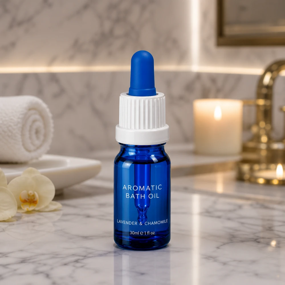 Frasco elegante de pipeta BlueLine de 5 ml com tampa branca para óleos e essências de aromaterapia