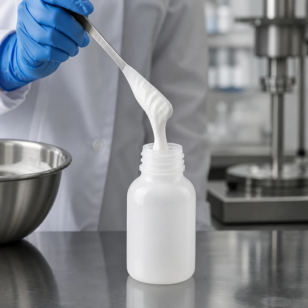 Um técnico de laboratório enche, com uma espátula, um frasco de laboratório de gargalo largo de 100 ml, sem tampa, com uma substância cremosa