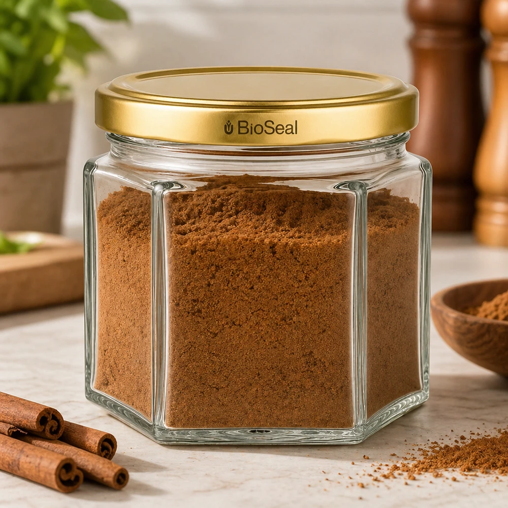 Frasco Hexa de 47 ml com tampa dourada UNiTWIST BioSeal Frasco de vidro UNiTWIST Hexa47 com tampa dourada BioSeal cheio de canela num cenário de cozinha rústica