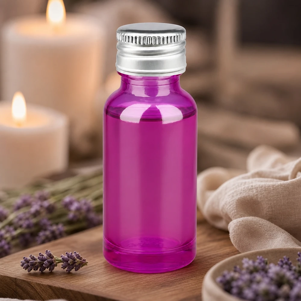 Frasco de 20 ml com tampa de rosca de 11 mm em alumínio-prata padrão PurpleLine.UT18/20 Frasco de vidro de 20 ml de alta qualidade em roxo com proteção UV e tampa de alumínio prateado