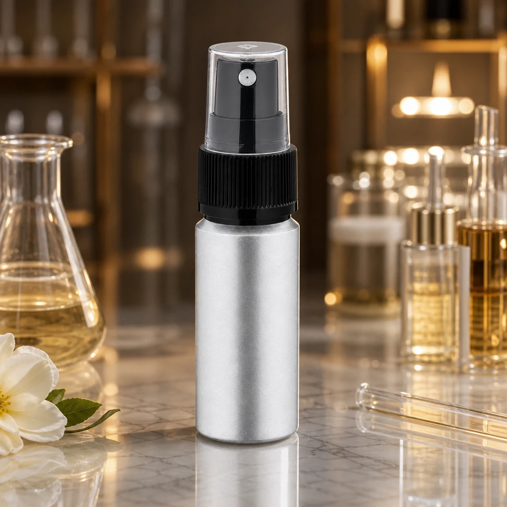 Frasco de alumínio elegante de 20 ml com cabeça de pulverização transparente para produção de cosméticos profissionais