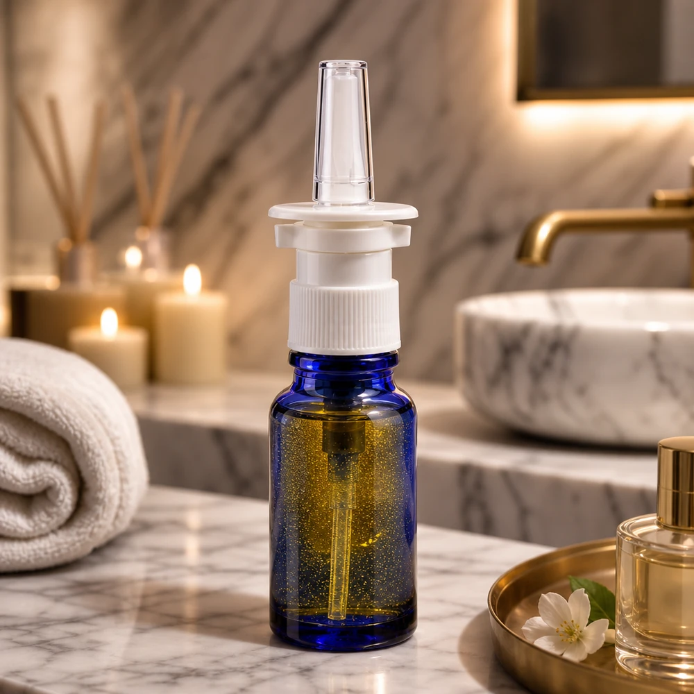 Pequeno frasco de spray nasal de 10 ml, em vidro azul de farmácia, com bico dosador branco