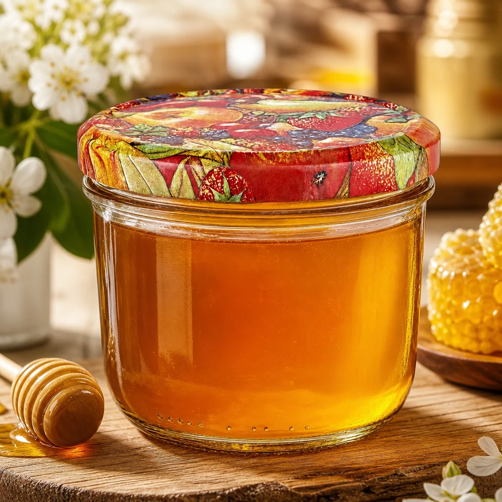 Copos de 230 ml cheios de mel e tampa colorida BasicSeal com decoração de fruta, ao lado de uma colher de mel e de um favo de mel