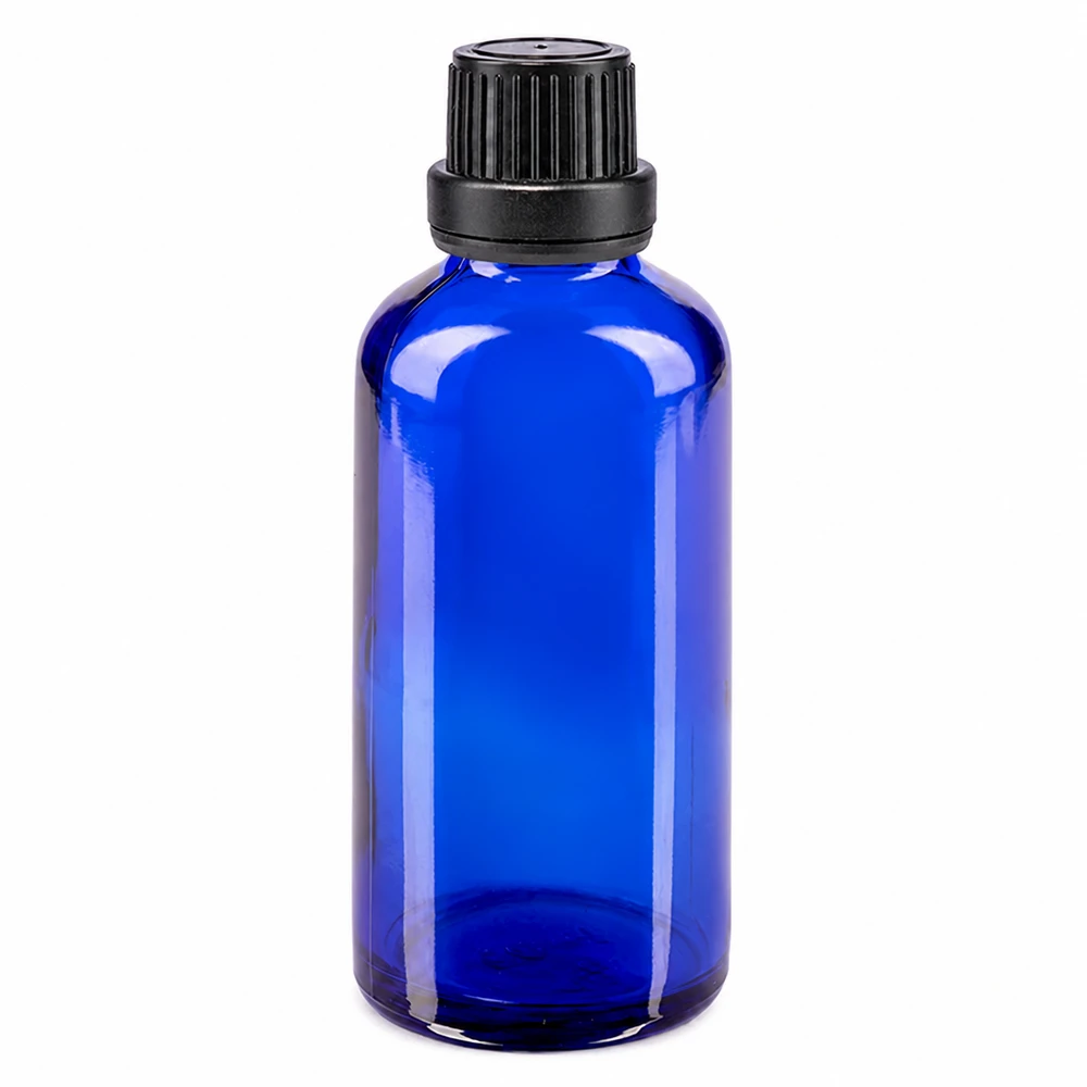 Frasco de vidro azul de farmácia com 50 ml e tampa de rosca preta de 11 mm