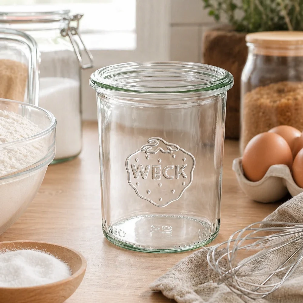 Copos de vidro de 160ml WECK RR60 Frasco de vidro transparente WECK RR60 de 160 ml com logótipo numa cozinha moderna ao lado de ovos e ingredientes de pastelaria