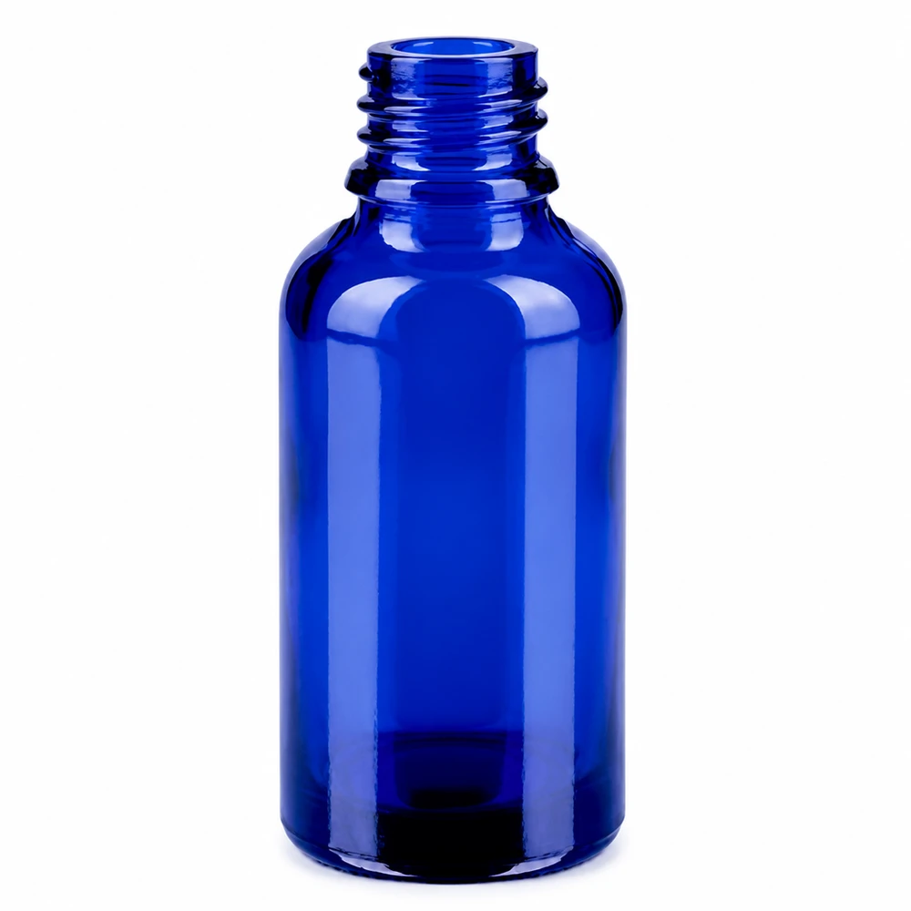 Frasco de vidro azul de 30 ml com abertura de 11 mm e tampa verde para aromaterapia