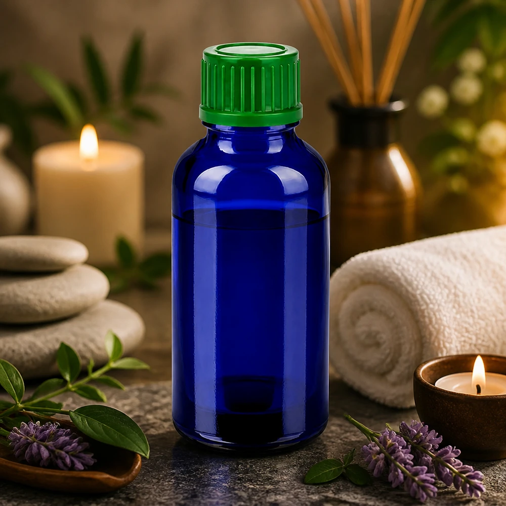 Frasco de vidro azul elegante de 30 ml com tampa verde texturada para óleos de alta qualidade