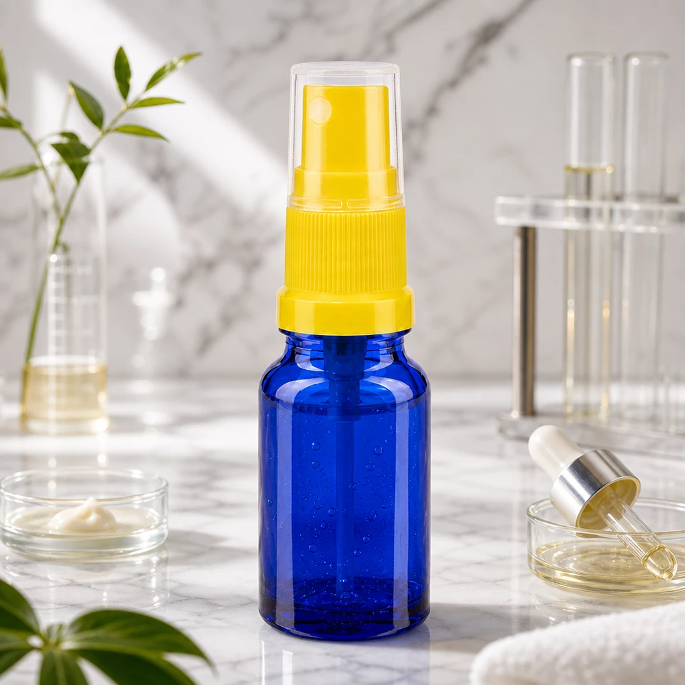 Frasco de spray compacto de 10 ml em azul com cabeça de spray amarela BlueLine UT18 10 para cosméticos
