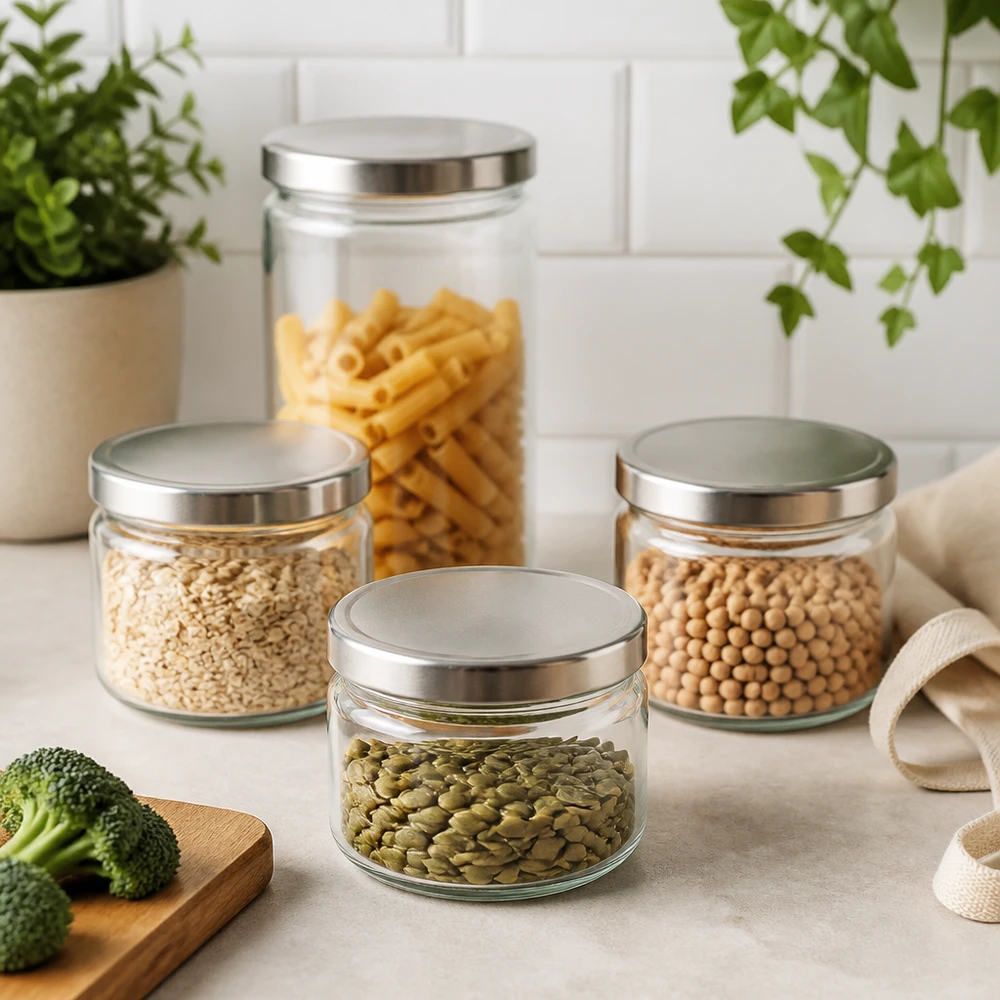 Frasco redondo de 330 ml com tampa BasicSeal em cena de cozinha moderna com massas lentilhas grão-de-bico sementes de abóbora conjunto de frascos para arrumação
