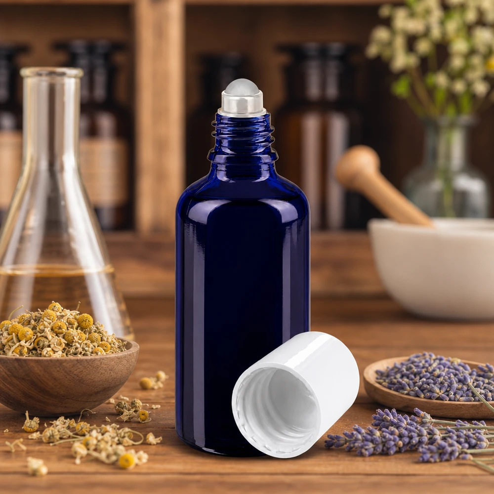 Frasco de vidro azul de farmácia de 50 ml com aplicador de rolo e tampa branca, entre flores de lavanda e de camomila