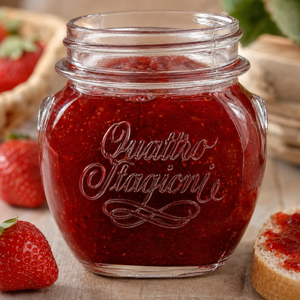 Frasco doméstico Quattro Stagioni de 300 ml cheio de compota de morango ao lado de morangos frescos e pão numa mesa de madeira