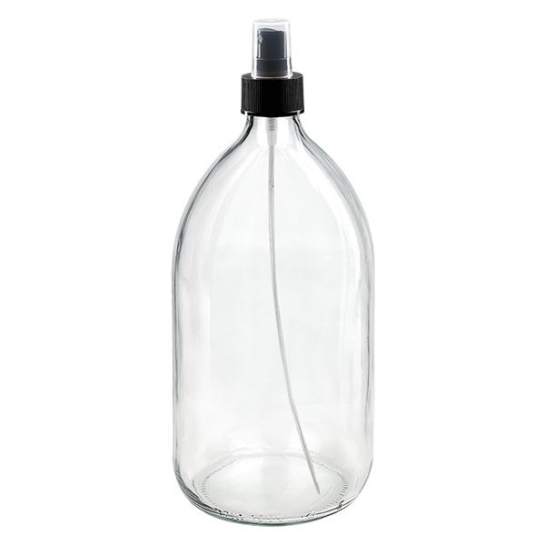 Frasco para medicamentos de 1000ml transparente, com bomba atomizadora preta ApoGlas Frasco para medicamentos de 1000ml transparente, com bomba atomizadora preta ApoGlas