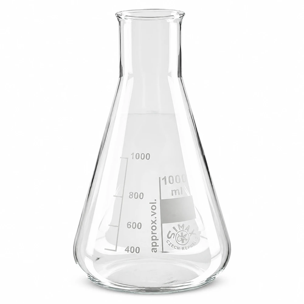 Frasco Erlenmeyer 100ml com gargalo largo Erlenmeyer de 100 ml com gargalo largo em vidro borossilicato para uso laboratorial