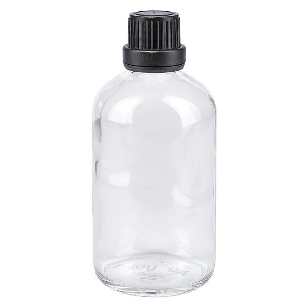 Frasco de farmácia transparente 100ml tampa conta-gotas premium 2mm preto fecho inviolável
