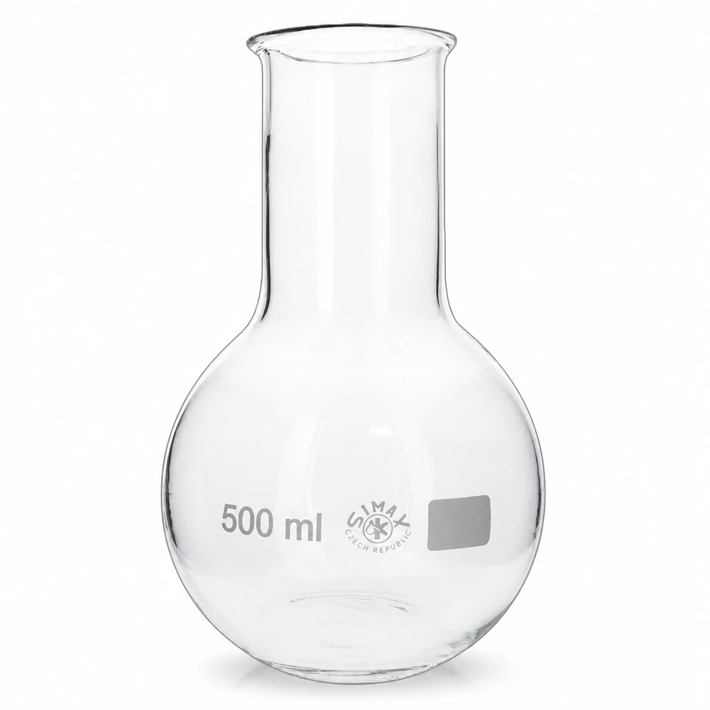 Frasco de 500ml com gargalo largo Balão de pé de 500 ml com gargalo largo em vidro borossilicato transparente para aplicações laboratoriais