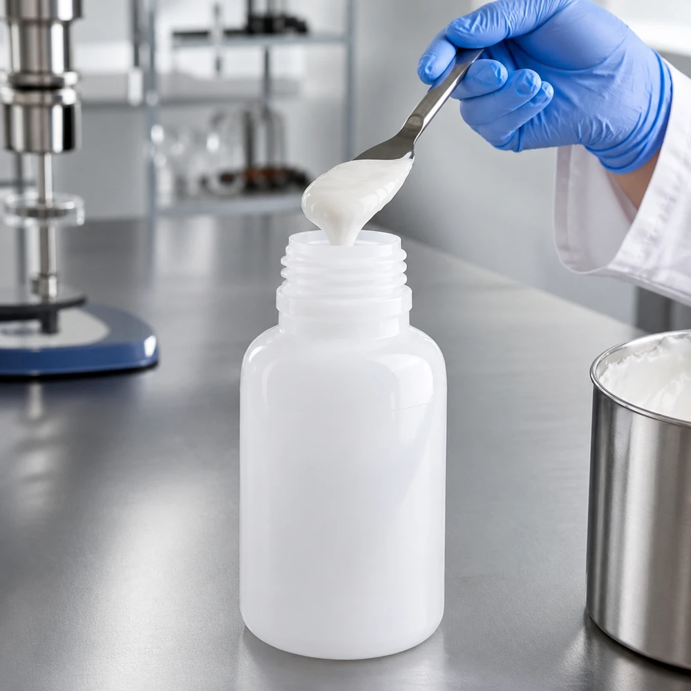 Enchimento de um frasco de laboratório de 250 ml de boca larga com uma substância cremosa, utilizando uma colher, numa sala limpa