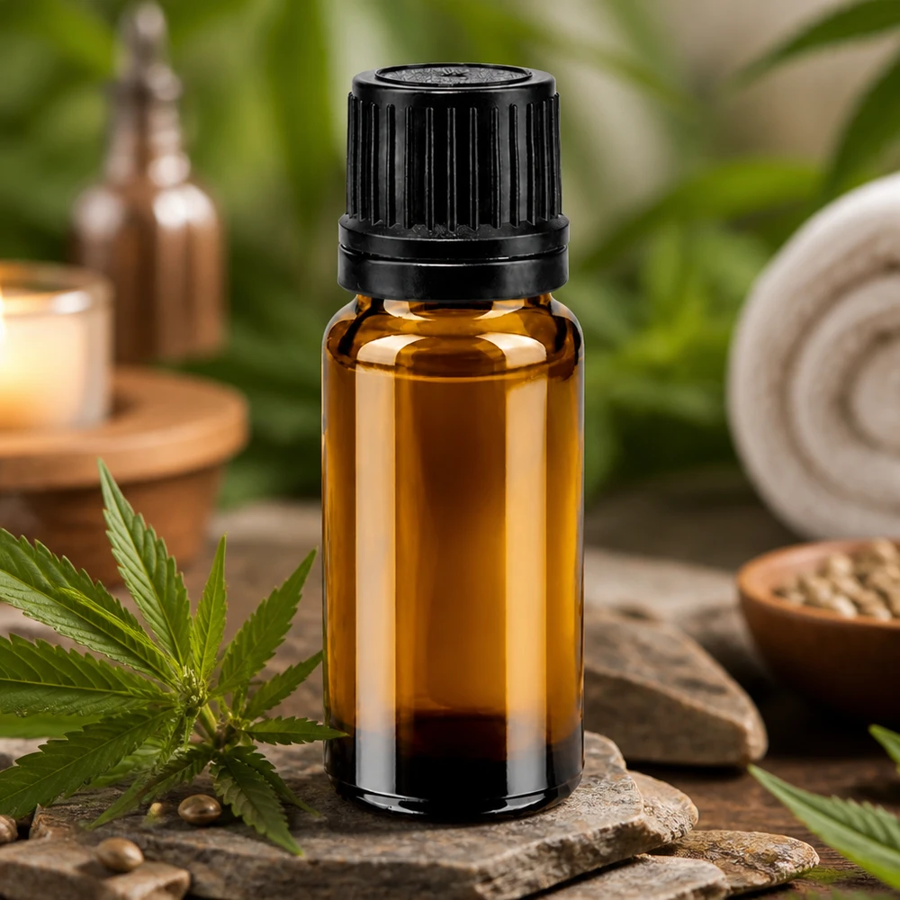 Frasco de farmácia castanho 10ml tampa conta-gotas anel de vazamento 1mm tampa preta inviolável Frasco conta-gotas castanho de 10 ml, em vidro de farmácia, com tampa OV preta entre folhas de canábis